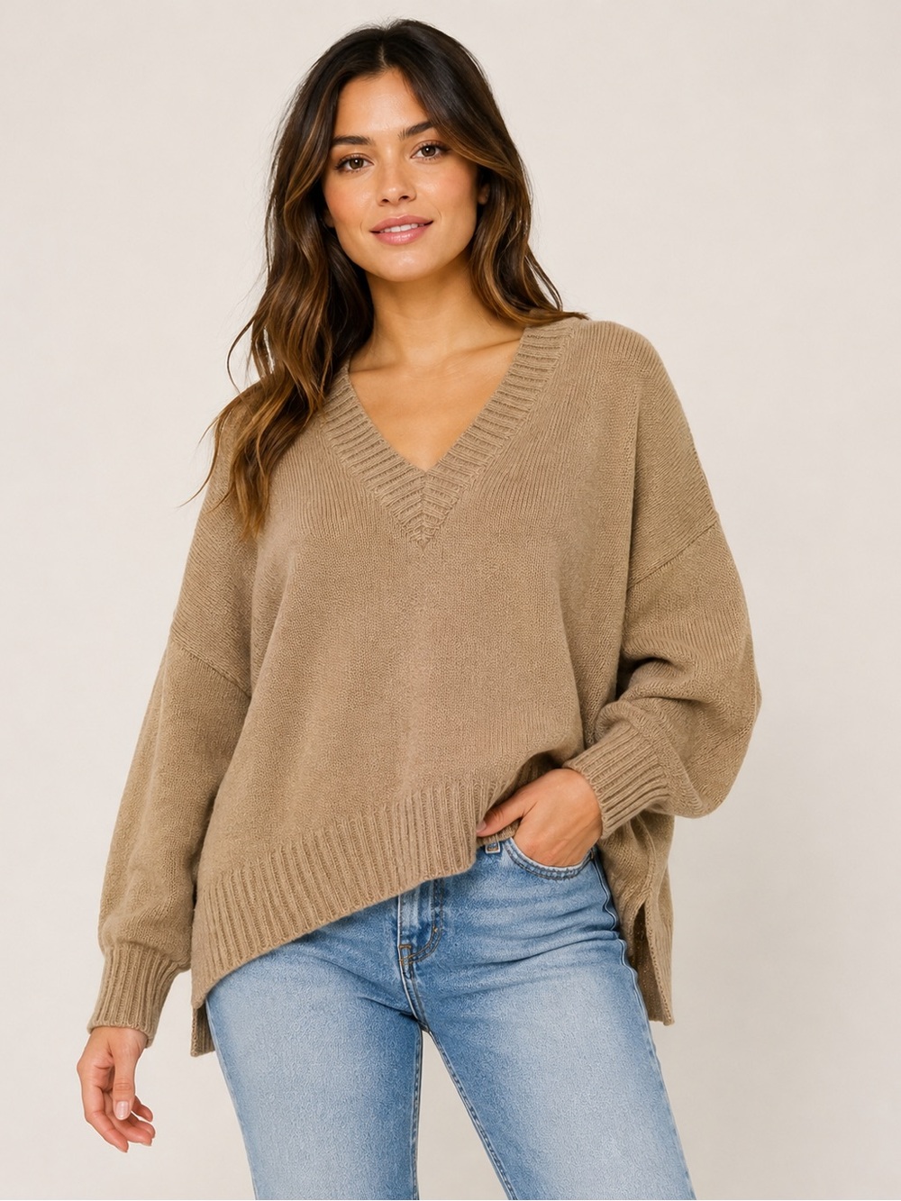 91. Bar III Relaxed V-Neck Sweater in Tan